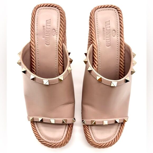 Valentino Garavani Torchon Rockstud Wedge Espadrille Sandals Nude Leather EU 41 - Picture 3 of 15